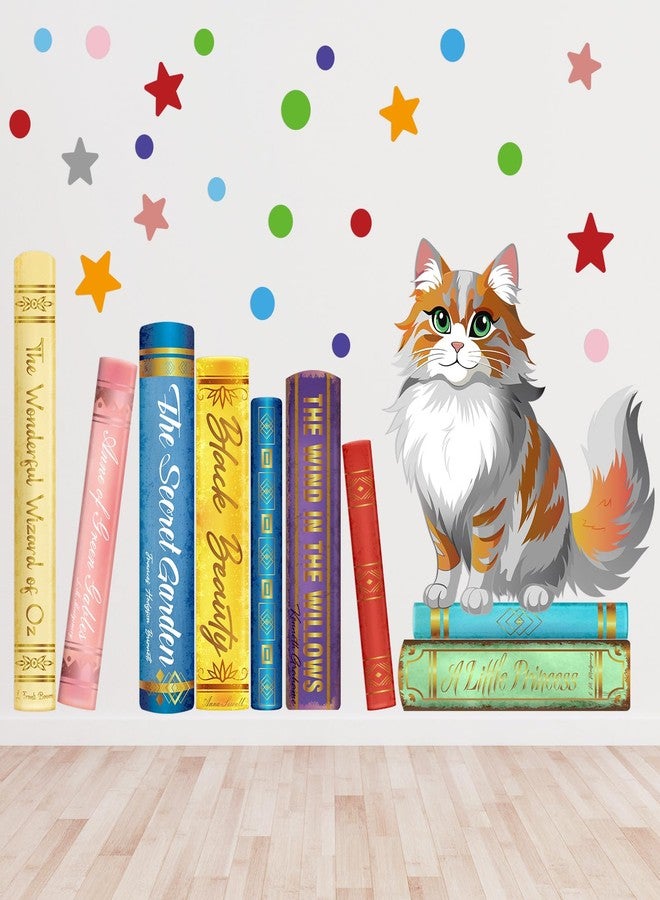 Cinrobiye Cats Reading Wall Decals Stickers,Neutral Nursery Decorations Study Classroom Bedroom Art, Reading Corner School Toddler Kids Room Wallpaper Livingroom Home Decor Gifts - Image 1
